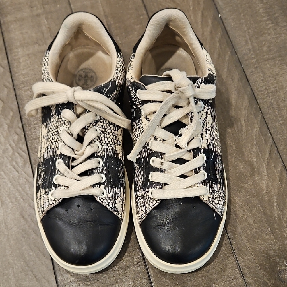 Tory Burch Black and Cream Snake-Print Low-Top Sneakers